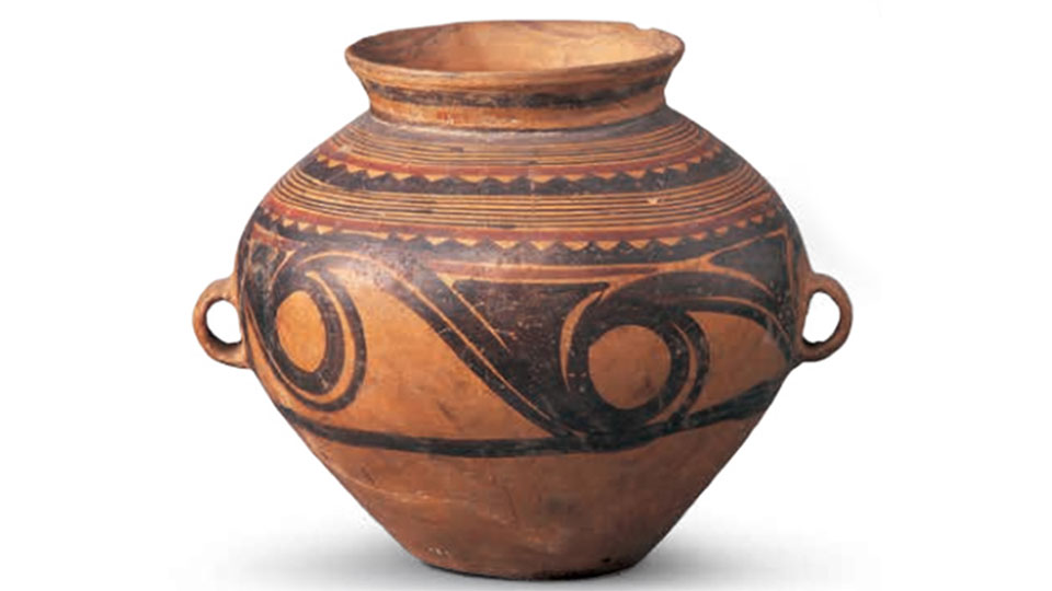 Painted Clay Jar with Two Ears and Spiral Pattern